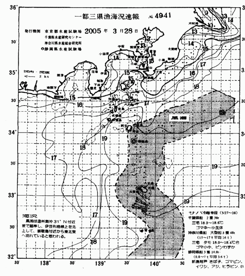 海況図, 関東・東海海況速報/伊豆諸島海域 検索結果, (黒潮, 水温分布, 冷水域, 暖水波及 等を図示)