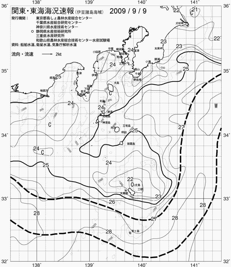 海況図, 関東・東海海況速報/伊豆諸島海域 検索結果, (黒潮, 水温分布, 冷水域, 暖水波及 等を図示)