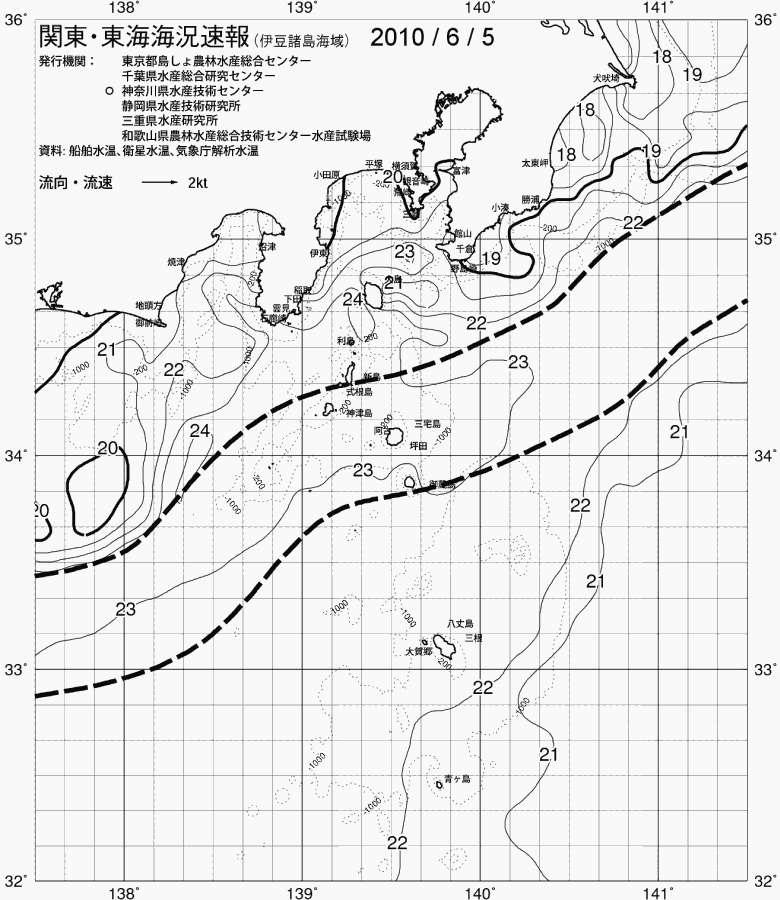 海況図, 関東・東海海況速報/伊豆諸島海域 検索結果, (黒潮, 水温分布, 冷水域, 暖水波及 等を図示)