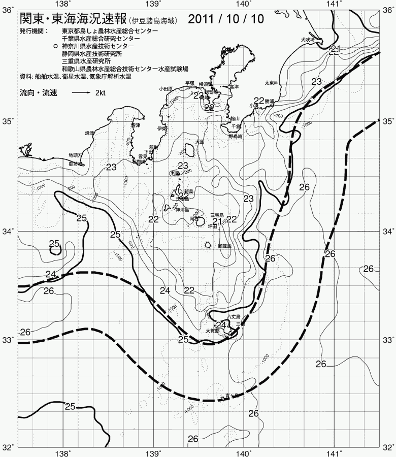海況図, 関東・東海海況速報/伊豆諸島海域 検索結果, (黒潮, 水温分布, 冷水域, 暖水波及 等を図示)