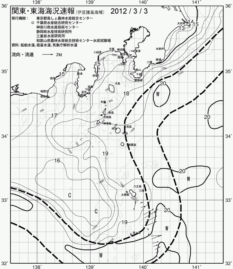 海況図, 関東・東海海況速報/伊豆諸島海域 検索結果, (黒潮, 水温分布, 冷水域, 暖水波及 等を図示)