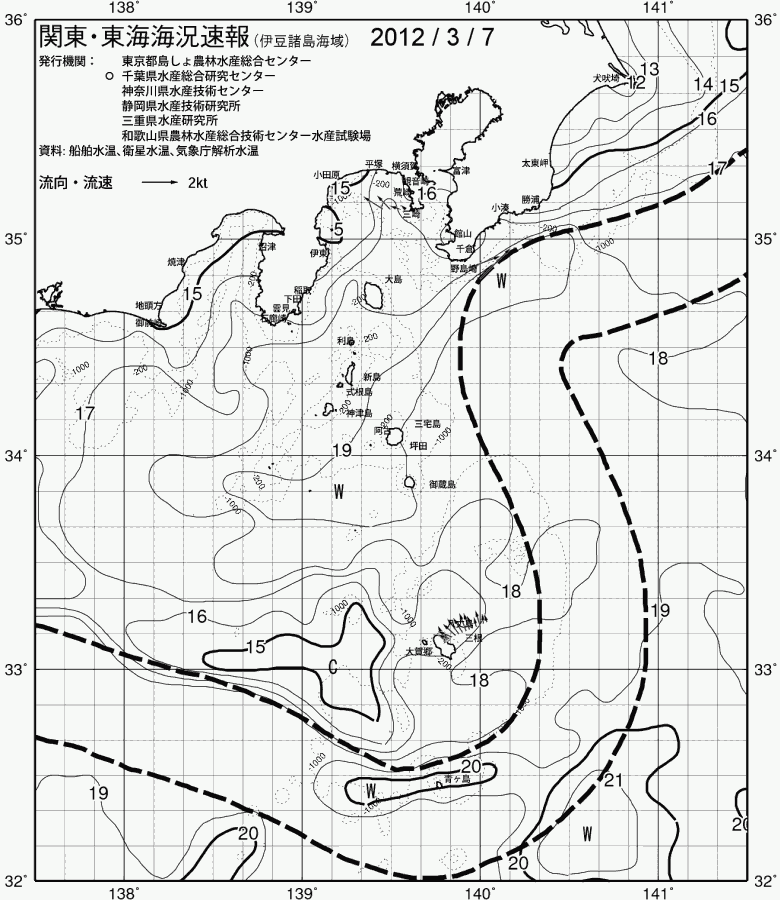 海況図, 関東・東海海況速報/伊豆諸島海域 検索結果, (黒潮, 水温分布, 冷水域, 暖水波及 等を図示)