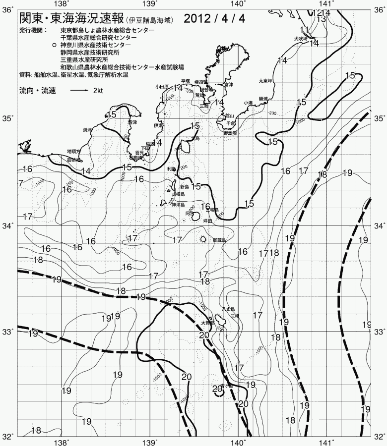 海況図, 関東・東海海況速報/伊豆諸島海域 検索結果, (黒潮, 水温分布, 冷水域, 暖水波及 等を図示)