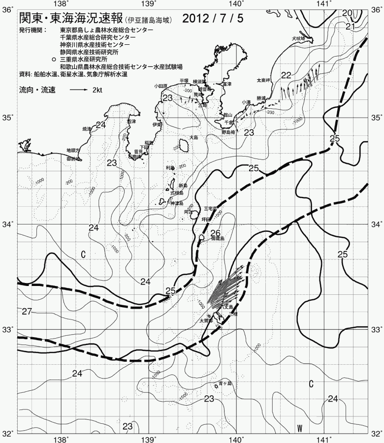 海況図, 関東・東海海況速報/伊豆諸島海域 検索結果, (黒潮, 水温分布, 冷水域, 暖水波及 等を図示)