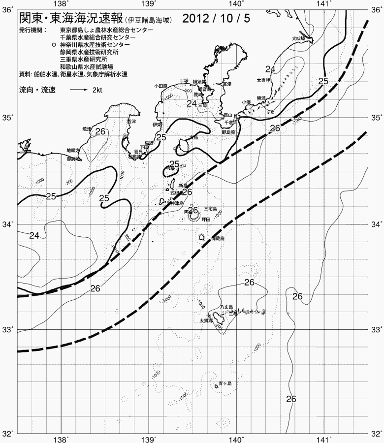 海況図, 関東・東海海況速報/伊豆諸島海域 検索結果, (黒潮, 水温分布, 冷水域, 暖水波及 等を図示)