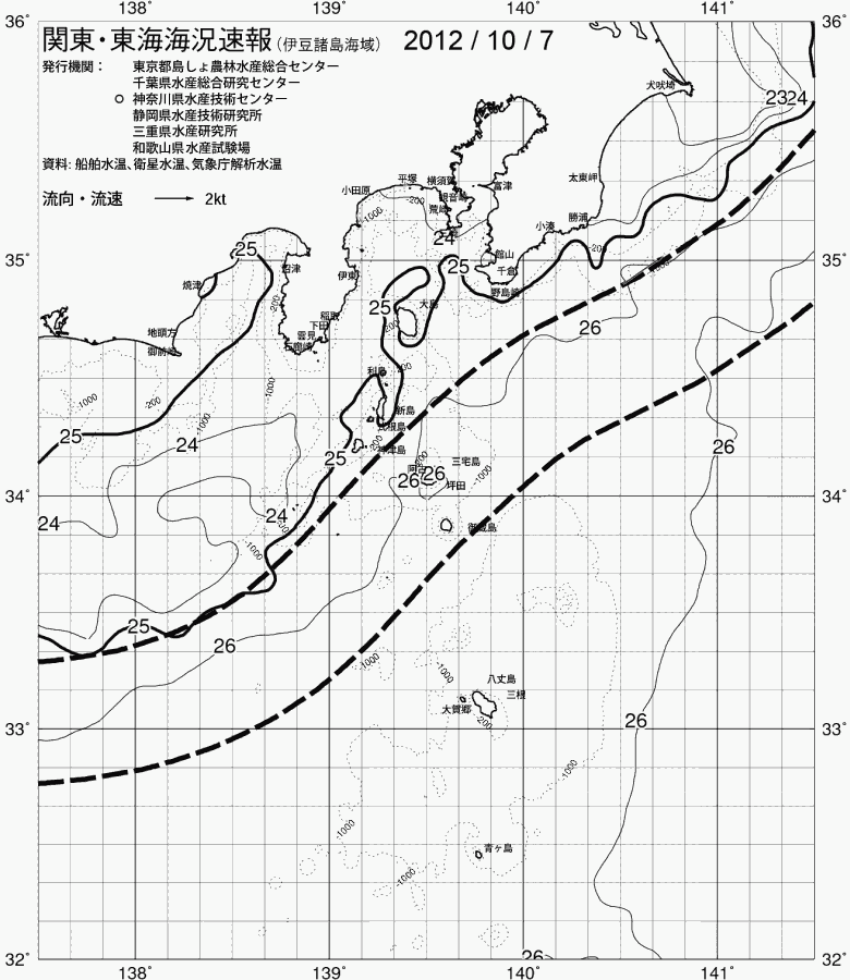 海況図, 関東・東海海況速報/伊豆諸島海域 検索結果, (黒潮, 水温分布, 冷水域, 暖水波及 等を図示)