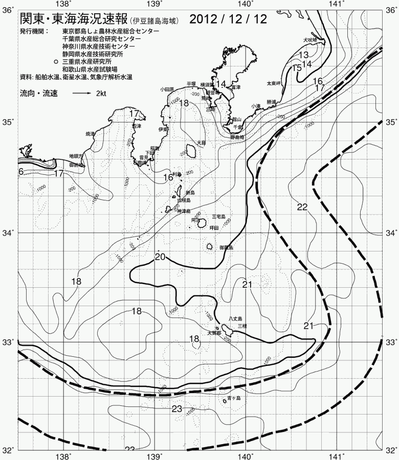 海況図, 関東・東海海況速報/伊豆諸島海域 検索結果, (黒潮, 水温分布, 冷水域, 暖水波及 等を図示)