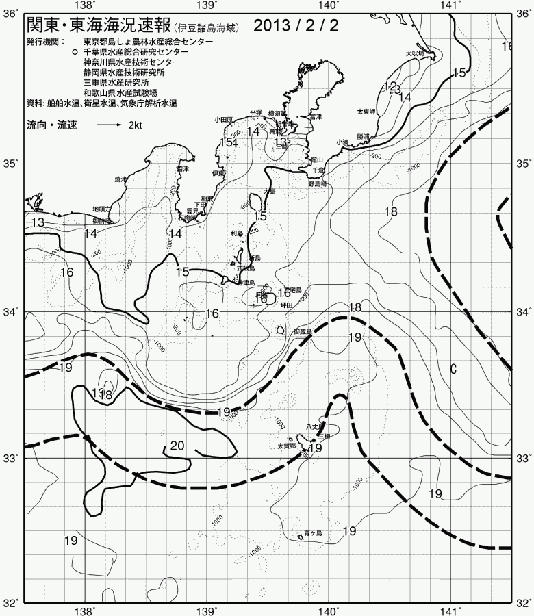 海況図, 関東・東海海況速報/伊豆諸島海域 検索結果, (黒潮, 水温分布, 冷水域, 暖水波及 等を図示)