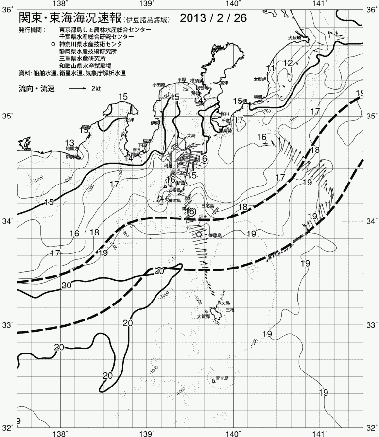 海況図, 関東・東海海況速報/伊豆諸島海域 検索結果, (黒潮, 水温分布, 冷水域, 暖水波及 等を図示)
