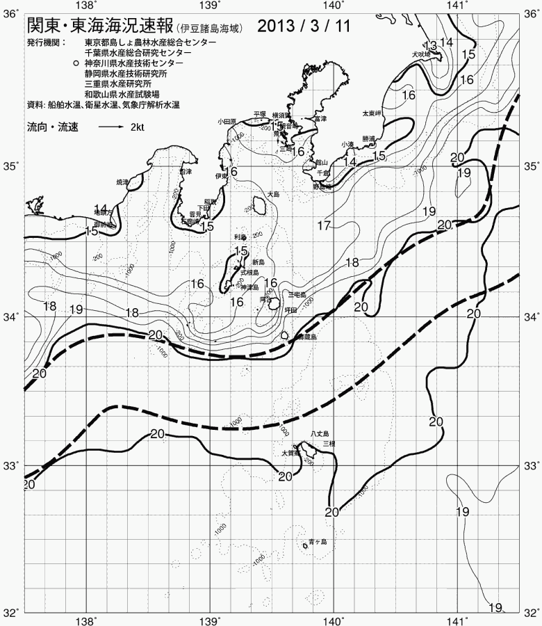海況図, 関東・東海海況速報/伊豆諸島海域 検索結果, (黒潮, 水温分布, 冷水域, 暖水波及 等を図示)
