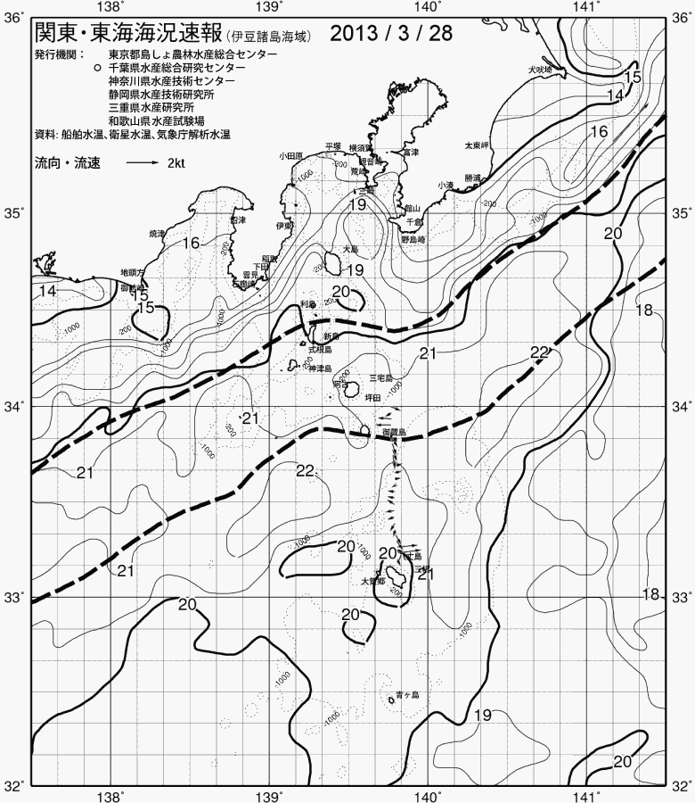 海況図, 関東・東海海況速報/伊豆諸島海域 検索結果, (黒潮, 水温分布, 冷水域, 暖水波及 等を図示)