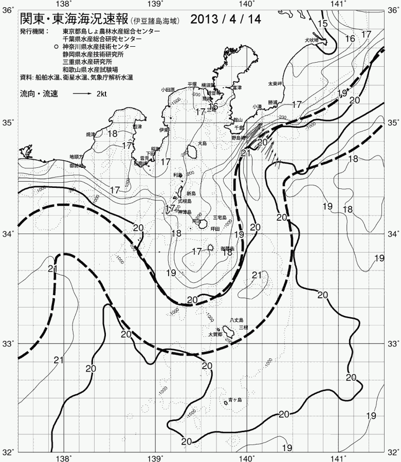 海況図, 関東・東海海況速報/伊豆諸島海域 検索結果, (黒潮, 水温分布, 冷水域, 暖水波及 等を図示)