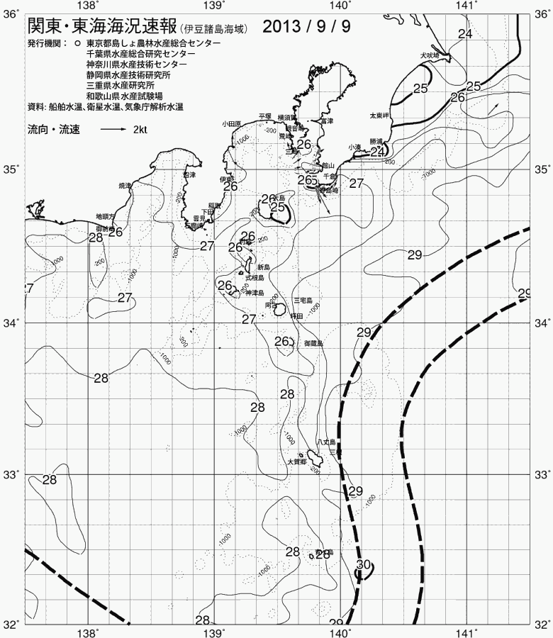 海況図, 関東・東海海況速報/伊豆諸島海域 検索結果, (黒潮, 水温分布, 冷水域, 暖水波及 等を図示)
