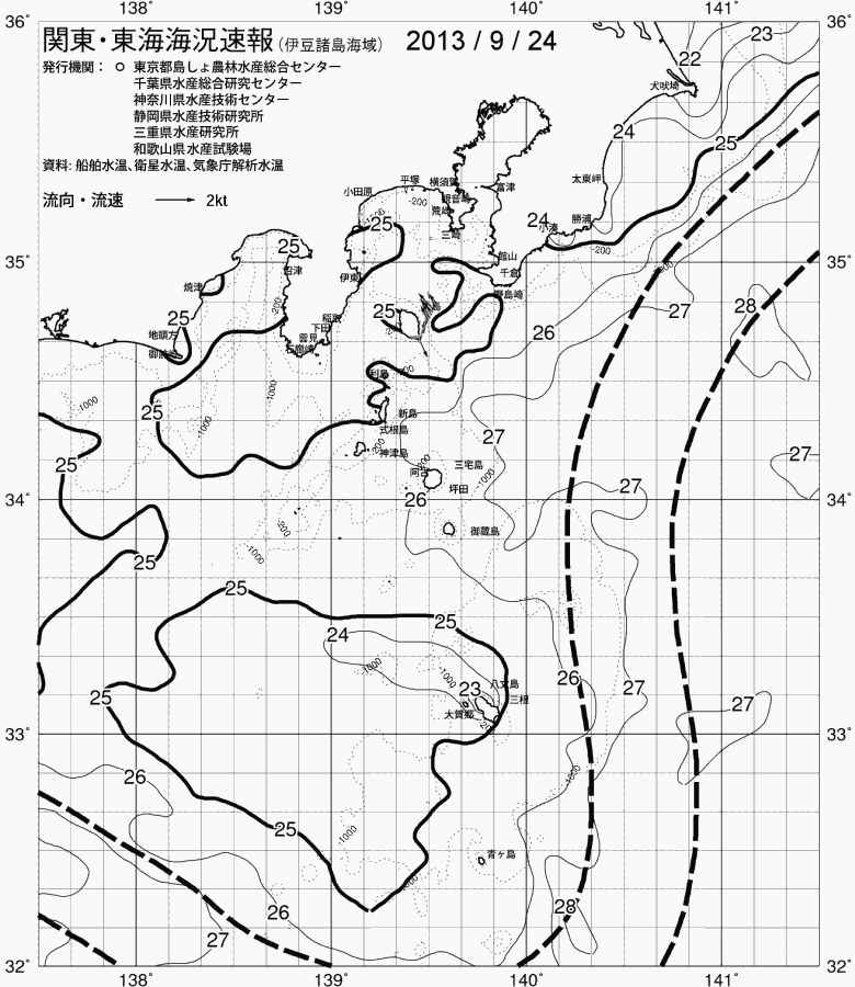 海況図, 関東・東海海況速報/伊豆諸島海域 検索結果, (黒潮, 水温分布, 冷水域, 暖水波及 等を図示)