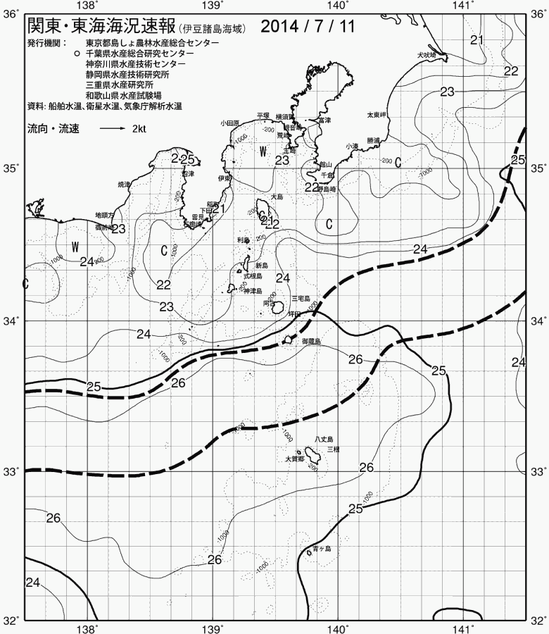 海況図, 関東・東海海況速報/伊豆諸島海域 検索結果, (黒潮, 水温分布, 冷水域, 暖水波及 等を図示)