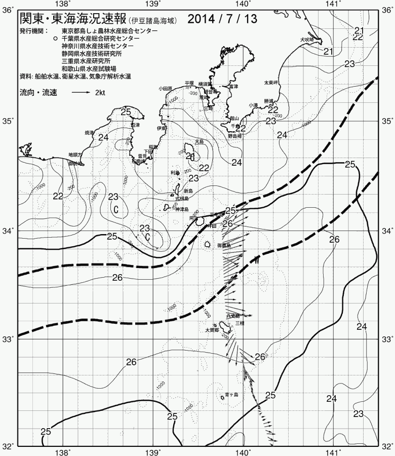 海況図, 関東・東海海況速報/伊豆諸島海域 検索結果, (黒潮, 水温分布, 冷水域, 暖水波及 等を図示)