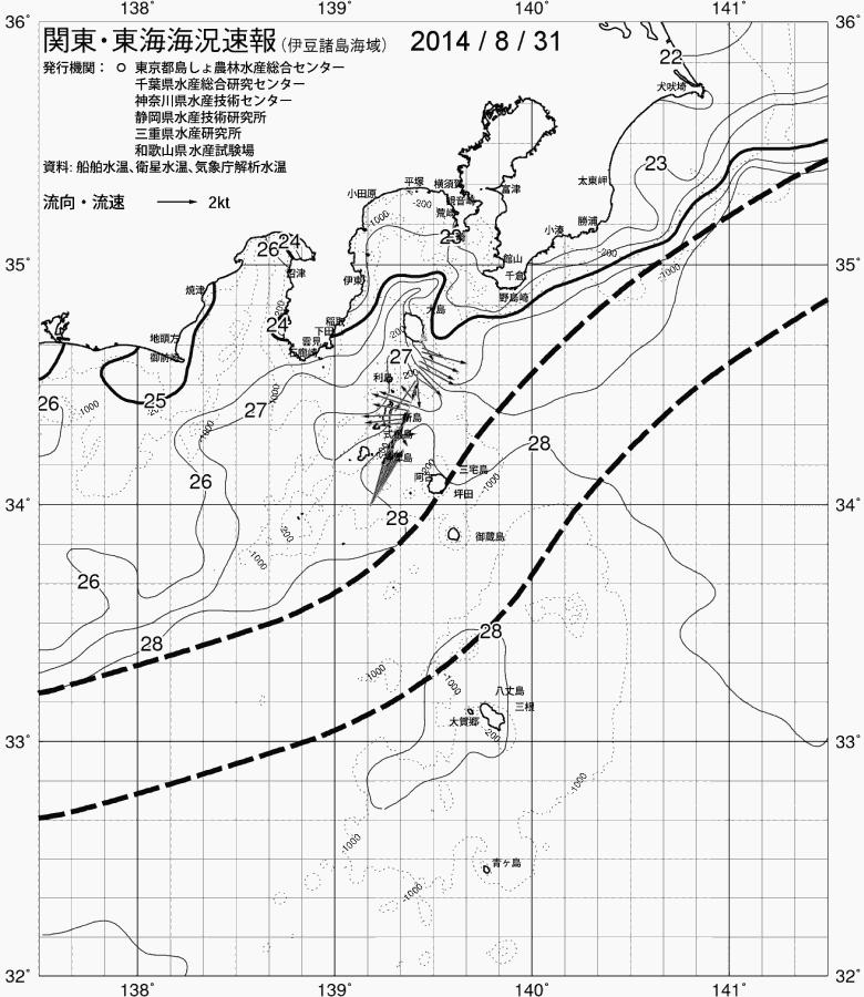 海況図, 関東・東海海況速報/伊豆諸島海域 検索結果, (黒潮, 水温分布, 冷水域, 暖水波及 等を図示)