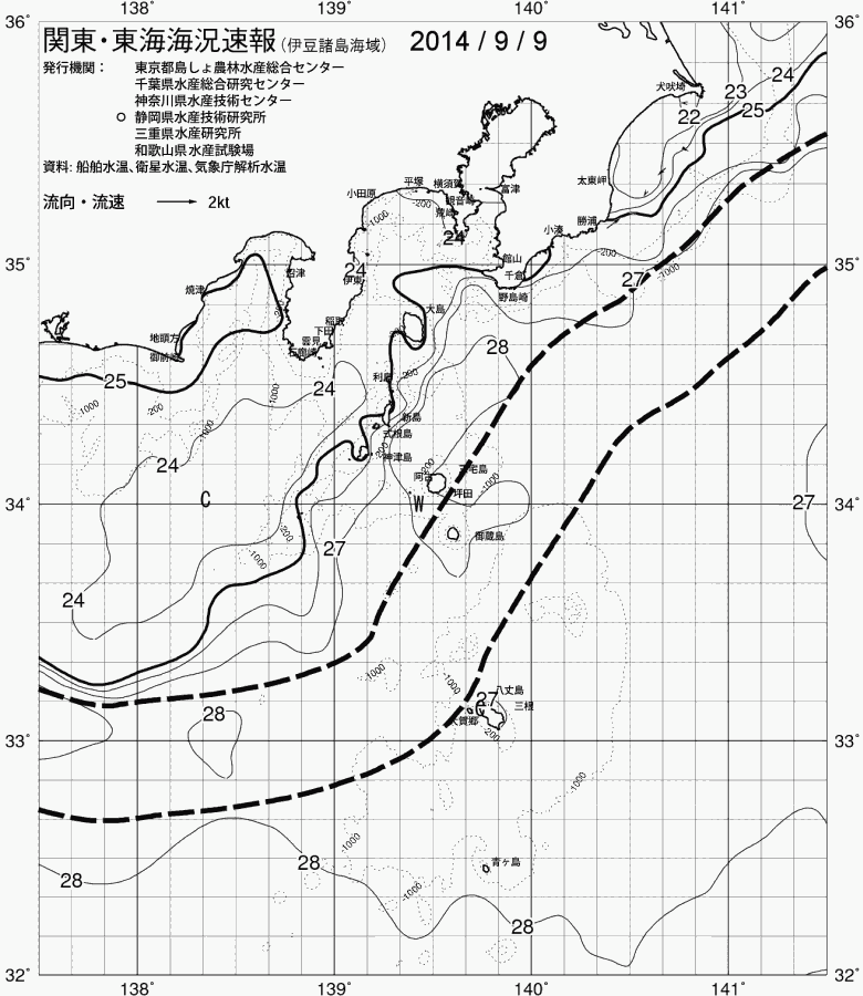 海況図, 関東・東海海況速報/伊豆諸島海域 検索結果, (黒潮, 水温分布, 冷水域, 暖水波及 等を図示)