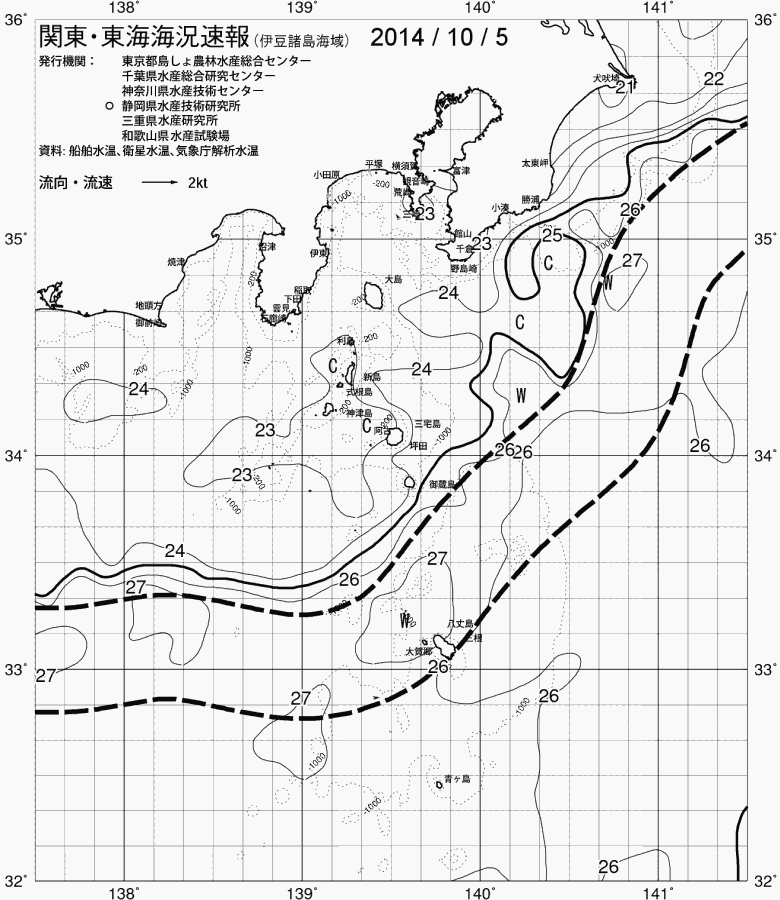 海況図, 関東・東海海況速報/伊豆諸島海域 検索結果, (黒潮, 水温分布, 冷水域, 暖水波及 等を図示)