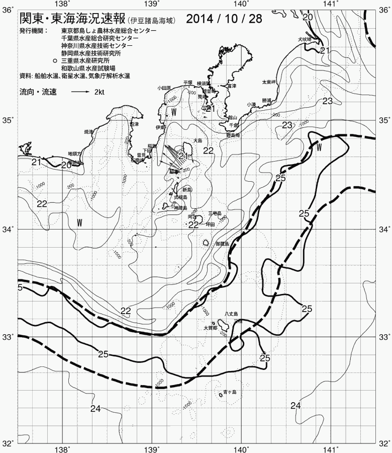 海況図, 関東・東海海況速報/伊豆諸島海域 検索結果, (黒潮, 水温分布, 冷水域, 暖水波及 等を図示)