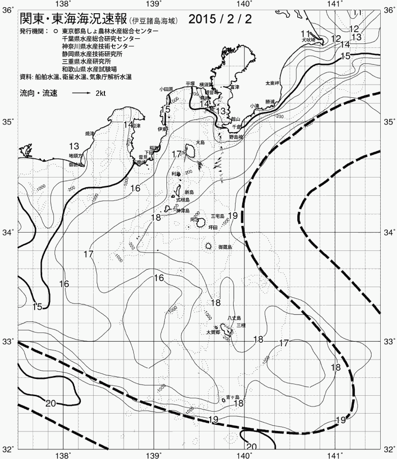 海況図, 関東・東海海況速報/伊豆諸島海域 検索結果, (黒潮, 水温分布, 冷水域, 暖水波及 等を図示)