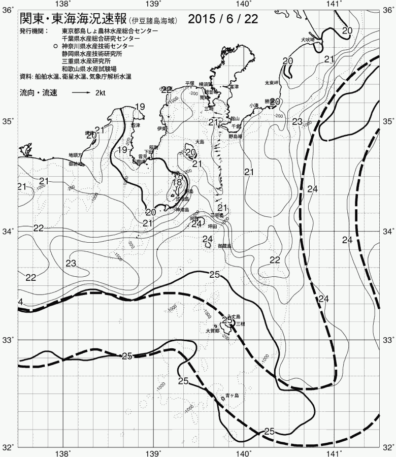 海況図, 関東・東海海況速報/伊豆諸島海域 検索結果, (黒潮, 水温分布, 冷水域, 暖水波及 等を図示)