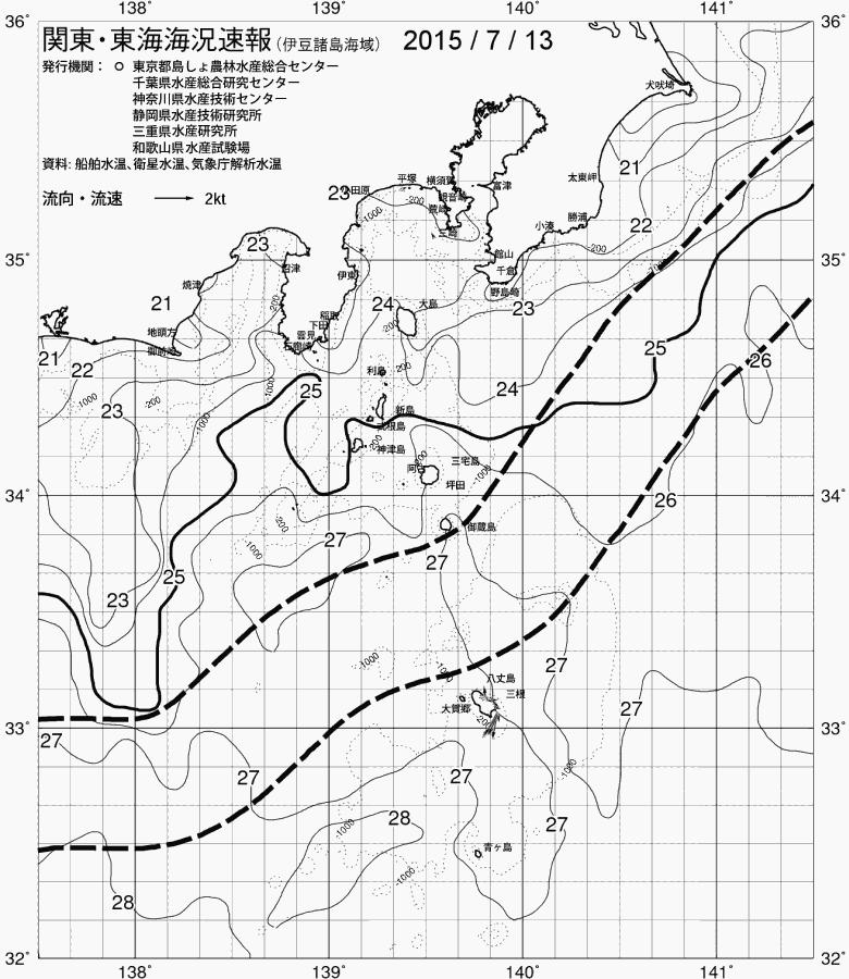 海況図, 関東・東海海況速報/伊豆諸島海域 検索結果, (黒潮, 水温分布, 冷水域, 暖水波及 等を図示)