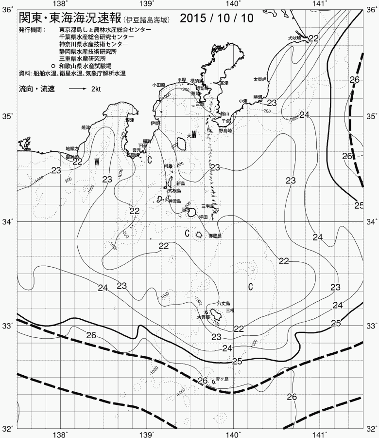海況図, 関東・東海海況速報/伊豆諸島海域 検索結果, (黒潮, 水温分布, 冷水域, 暖水波及 等を図示)