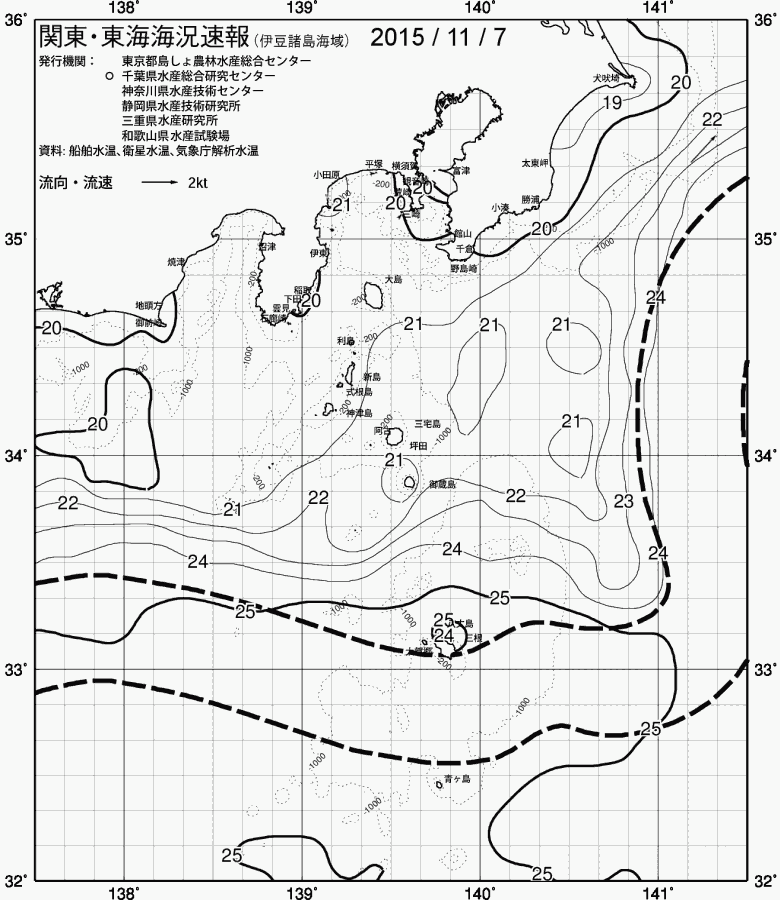 海況図, 関東・東海海況速報/伊豆諸島海域 検索結果, (黒潮, 水温分布, 冷水域, 暖水波及 等を図示)