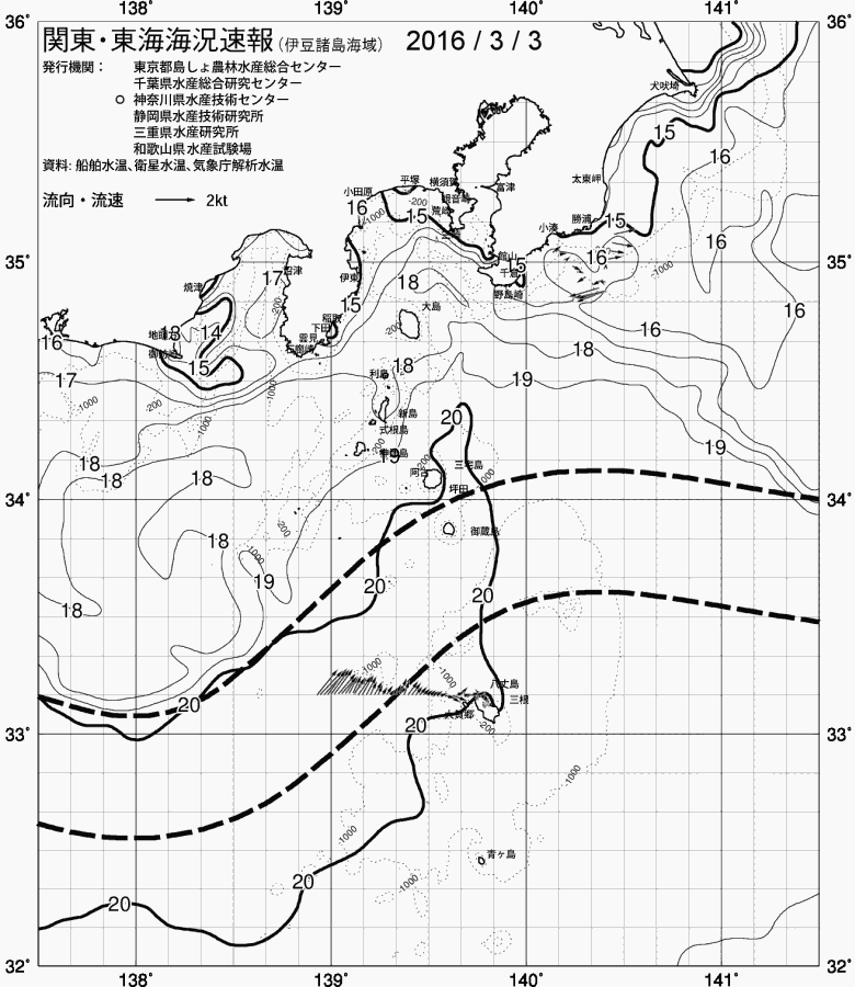 海況図, 関東・東海海況速報/伊豆諸島海域 検索結果, (黒潮, 水温分布, 冷水域, 暖水波及 等を図示)