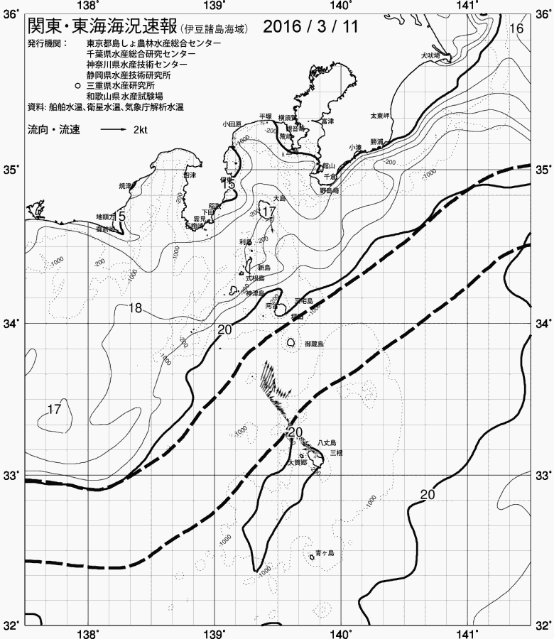 海況図, 関東・東海海況速報/伊豆諸島海域 検索結果, (黒潮, 水温分布, 冷水域, 暖水波及 等を図示)