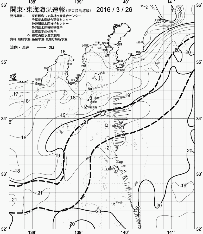 海況図, 関東・東海海況速報/伊豆諸島海域 検索結果, (黒潮, 水温分布, 冷水域, 暖水波及 等を図示)