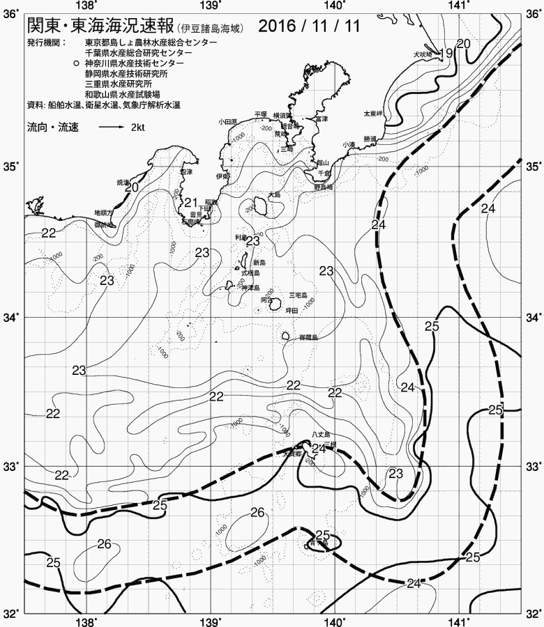 海況図, 関東・東海海況速報/伊豆諸島海域 検索結果, (黒潮, 水温分布, 冷水域, 暖水波及 等を図示)