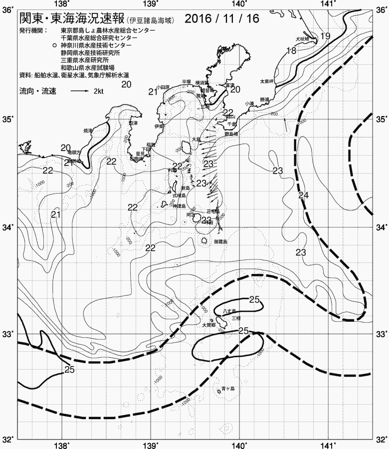 海況図, 関東・東海海況速報/伊豆諸島海域 検索結果, (黒潮, 水温分布, 冷水域, 暖水波及 等を図示)