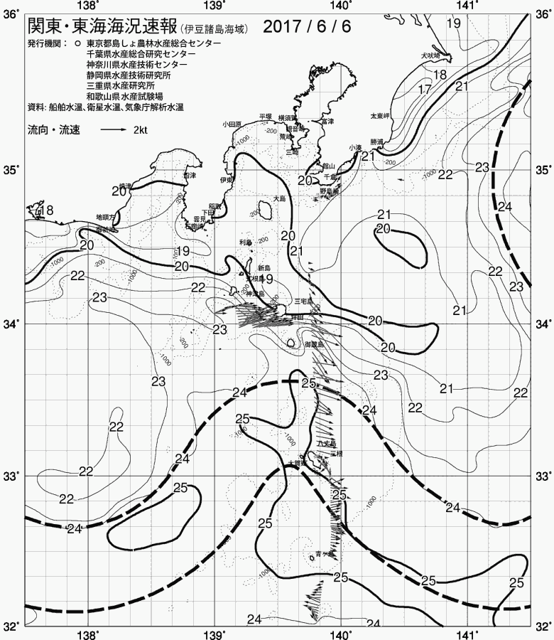 海況図, 関東・東海海況速報/伊豆諸島海域 検索結果, (黒潮, 水温分布, 冷水域, 暖水波及 等を図示)
