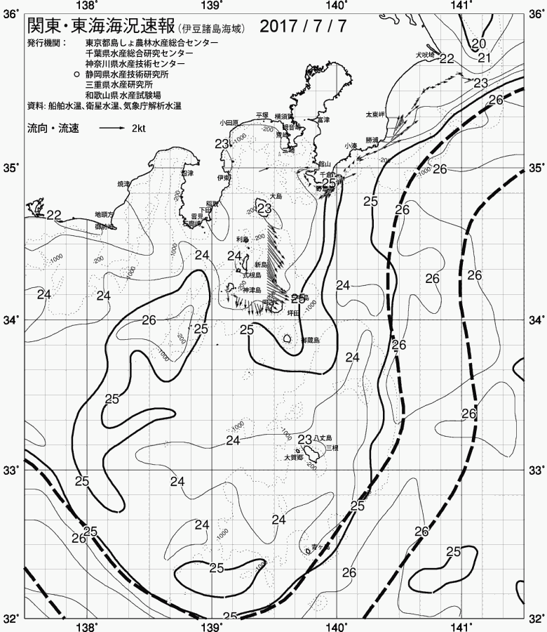 海況図, 関東・東海海況速報/伊豆諸島海域 検索結果, (黒潮, 水温分布, 冷水域, 暖水波及 等を図示)