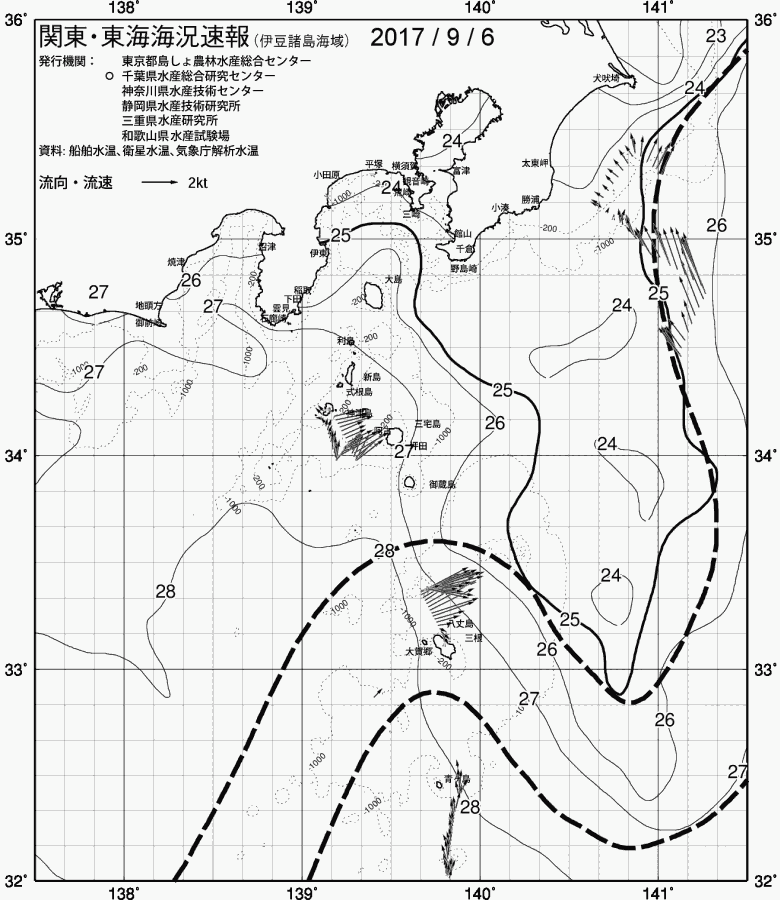 海況図, 関東・東海海況速報/伊豆諸島海域 検索結果, (黒潮, 水温分布, 冷水域, 暖水波及 等を図示)