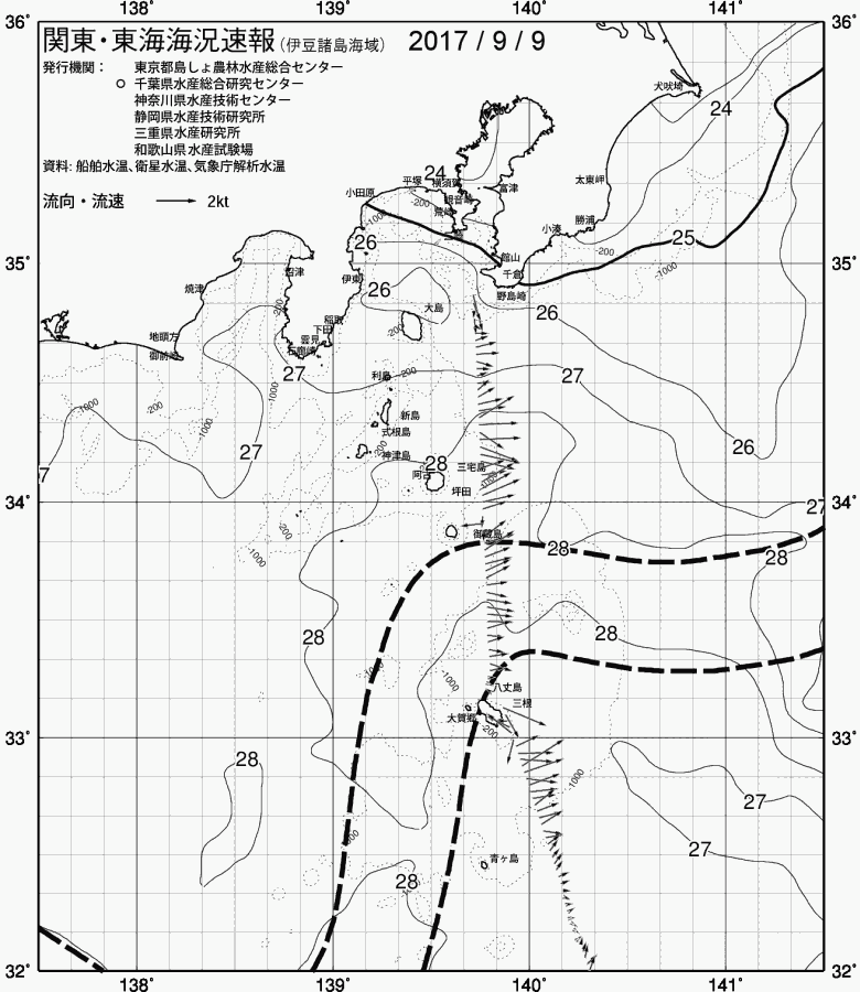海況図, 関東・東海海況速報/伊豆諸島海域 検索結果, (黒潮, 水温分布, 冷水域, 暖水波及 等を図示)