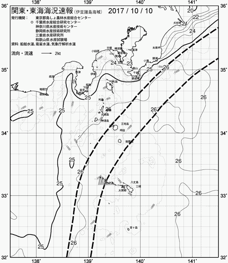 海況図, 関東・東海海況速報/伊豆諸島海域 検索結果, (黒潮, 水温分布, 冷水域, 暖水波及 等を図示)
