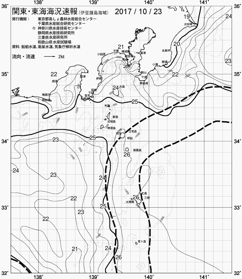 海況図, 関東・東海海況速報/伊豆諸島海域 検索結果, (黒潮, 水温分布, 冷水域, 暖水波及 等を図示)