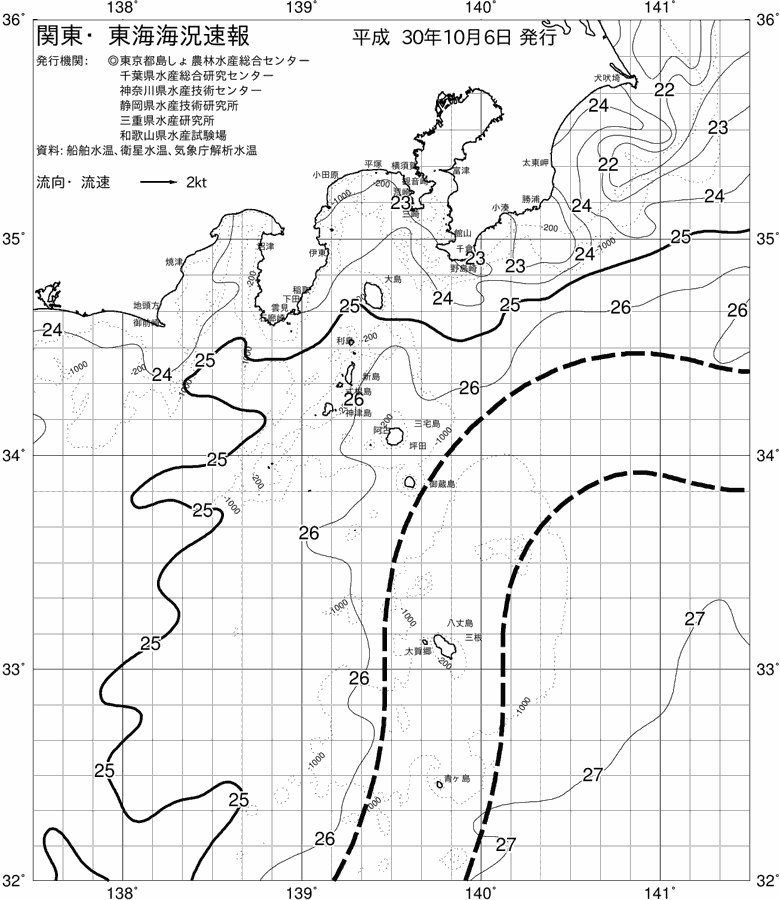 海況図, 関東・東海海況速報/伊豆諸島海域 検索結果, (黒潮, 水温分布, 冷水域, 暖水波及 等を図示)