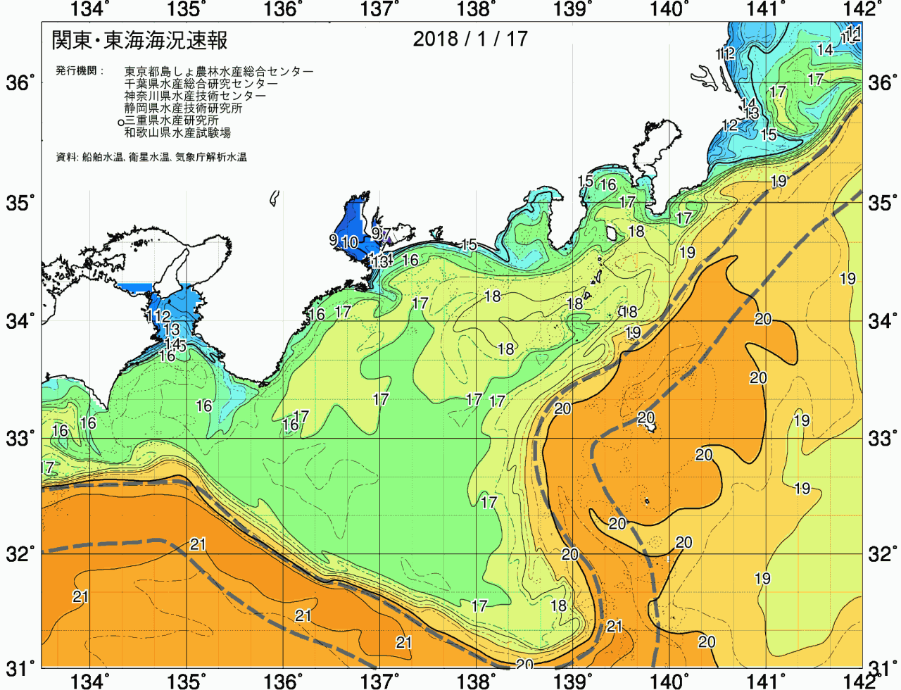 海況図, 関東・東海海況速報/広域 検索結果, (黒潮, 水温分布, 冷水域, 暖水波及 等を図示)