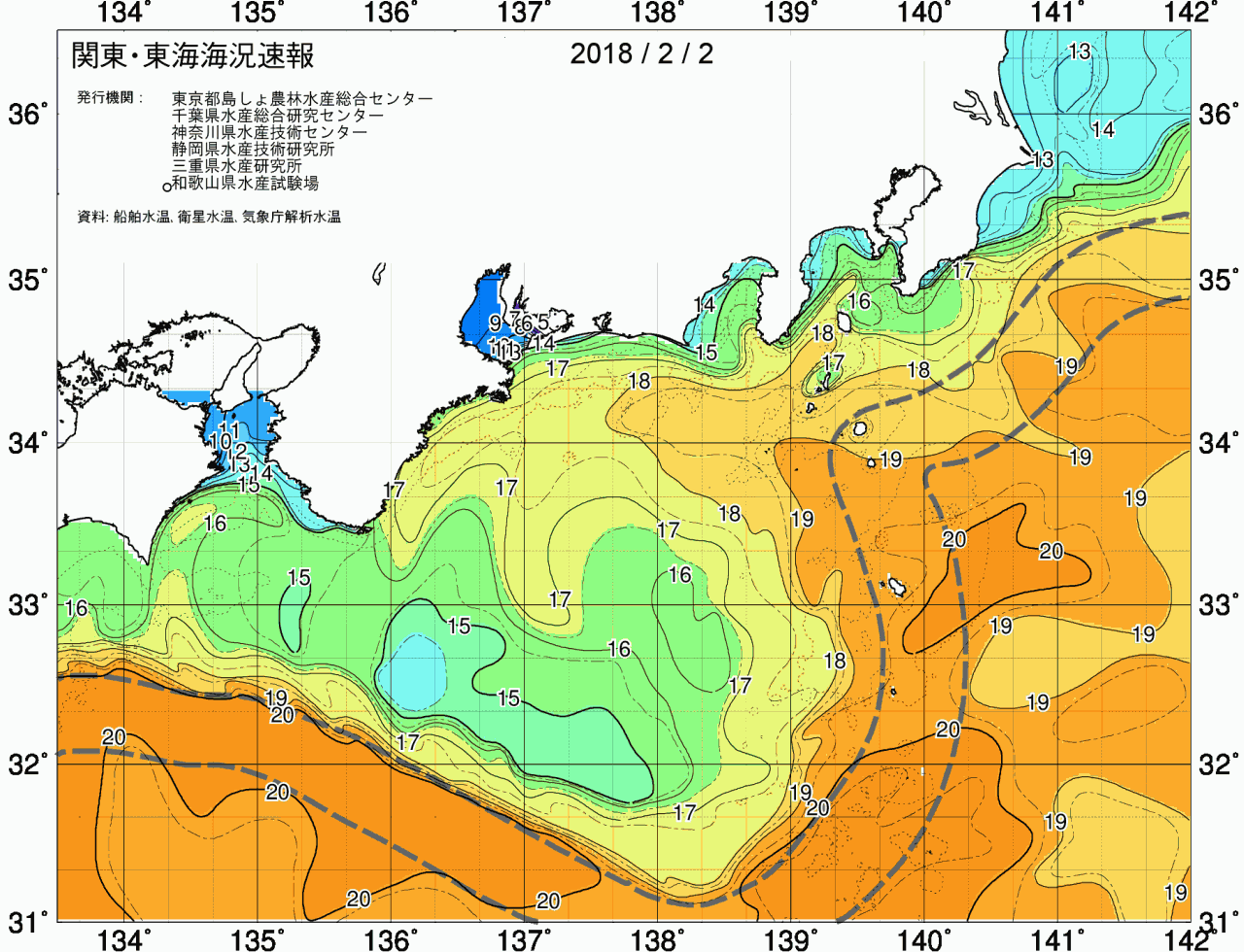 海況図, 関東・東海海況速報/広域 検索結果, (黒潮, 水温分布, 冷水域, 暖水波及 等を図示)