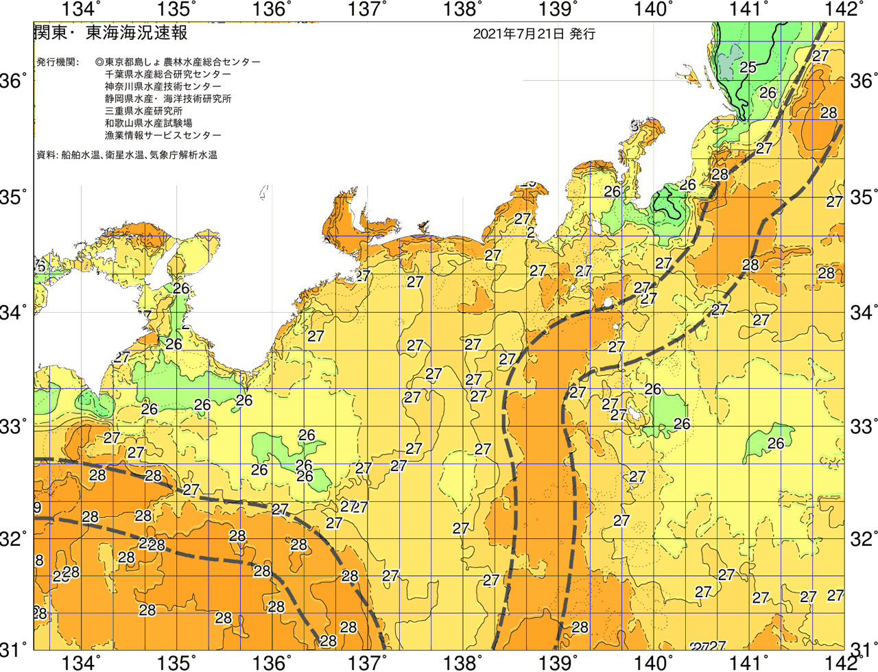 海況図, 関東・東海海況速報/広域 検索結果, (黒潮, 水温分布, 冷水域, 暖水波及 等を図示)