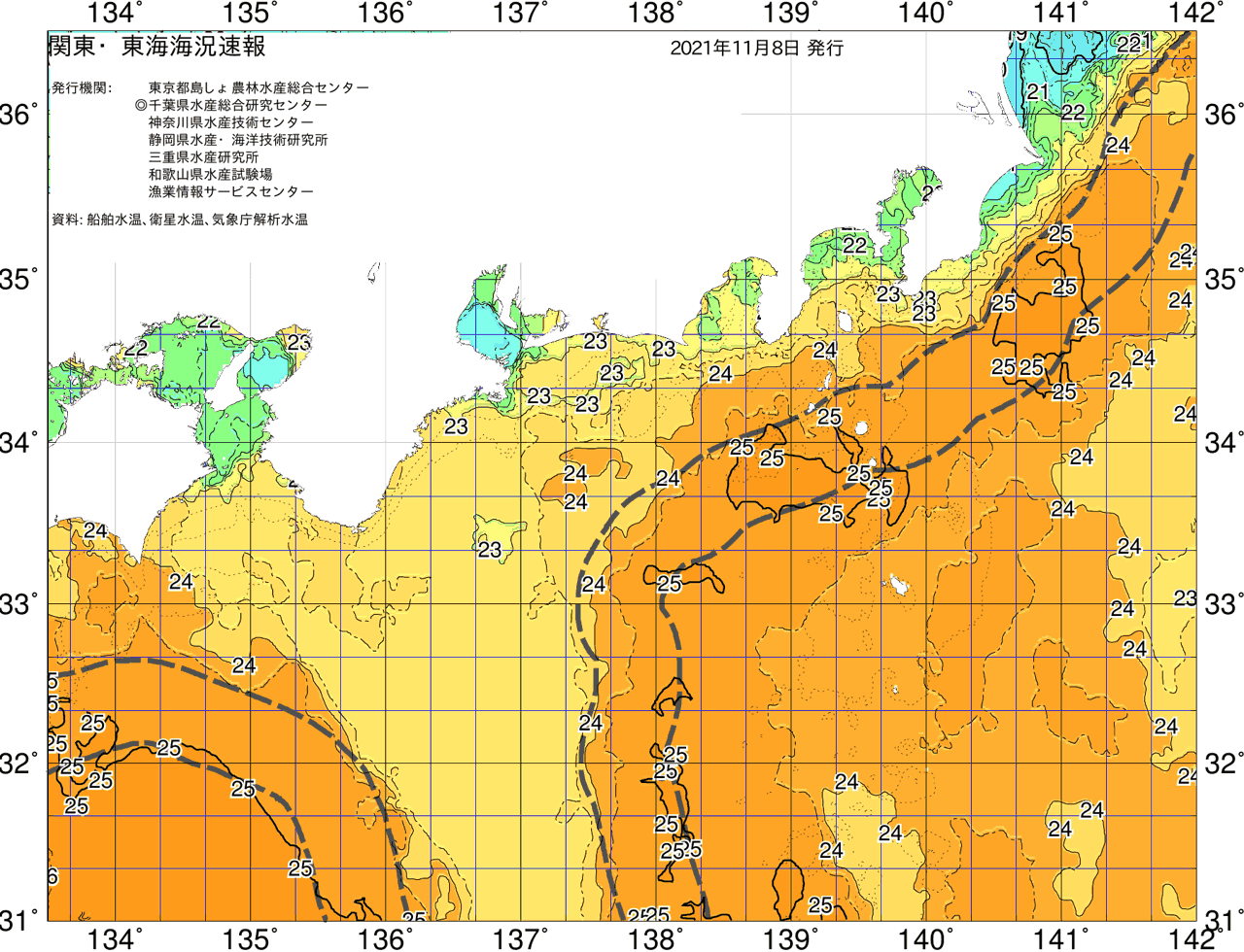 海況図, 関東・東海海況速報/広域 検索結果, (黒潮, 水温分布, 冷水域, 暖水波及 等を図示)