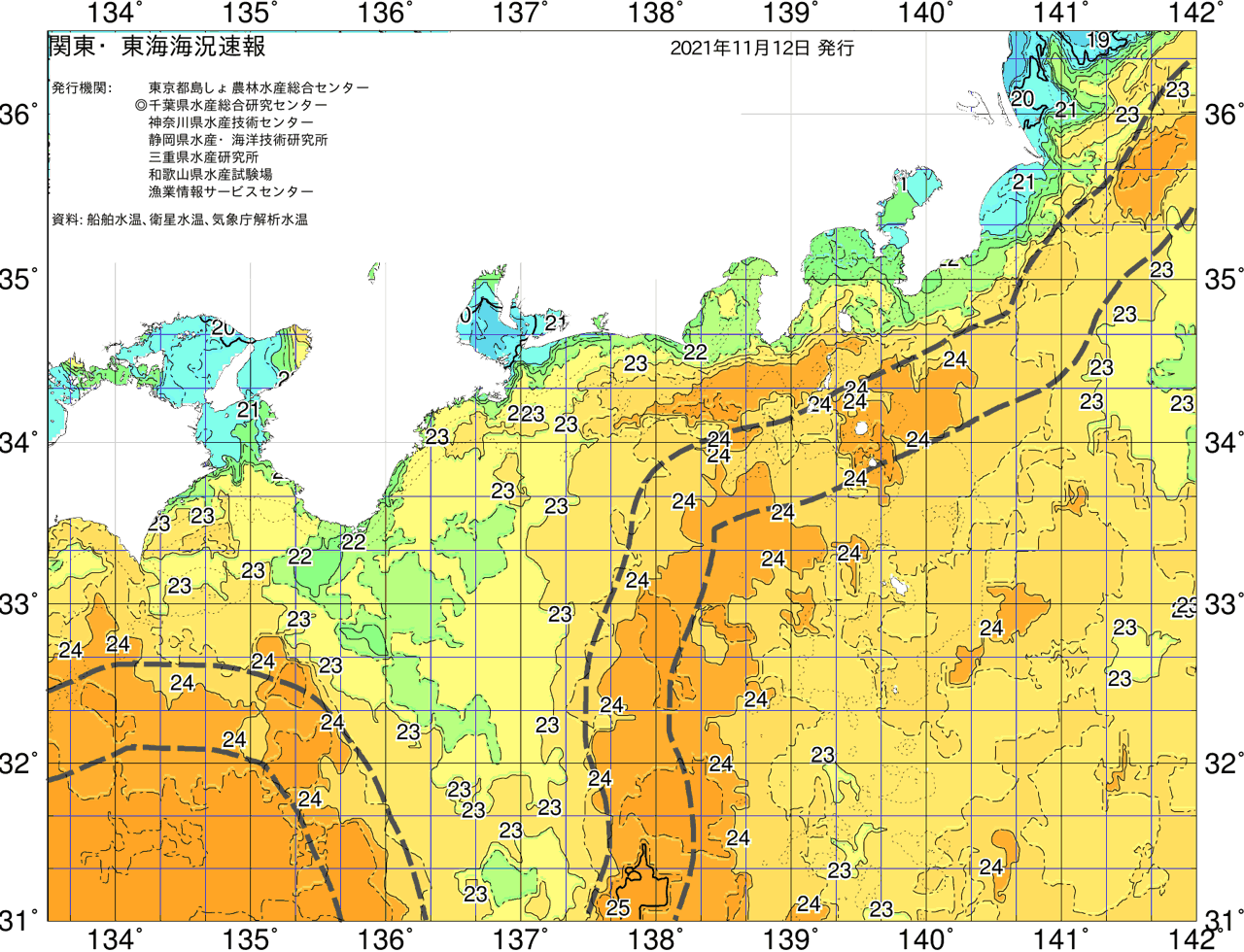海況図, 関東・東海海況速報/広域 検索結果, (黒潮, 水温分布, 冷水域, 暖水波及 等を図示)