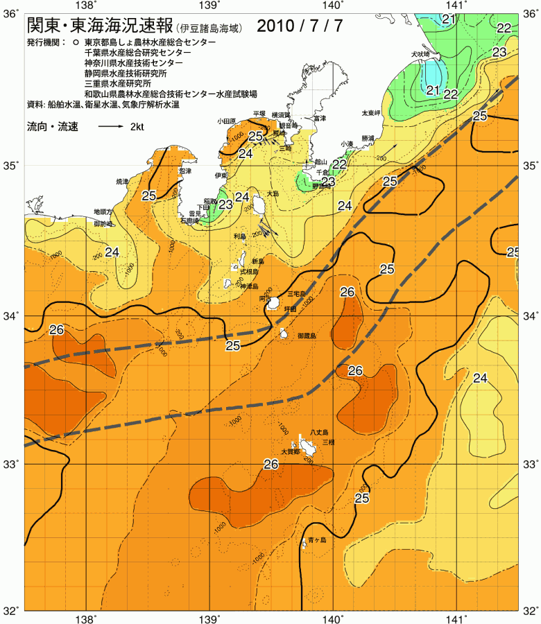 海況図, 関東・東海海況速報/伊豆諸島海域 検索結果, (黒潮, 水温分布, 冷水域, 暖水波及 等を図示)