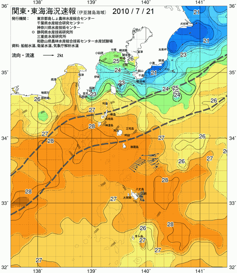 海況図, 関東・東海海況速報/伊豆諸島海域 検索結果, (黒潮, 水温分布, 冷水域, 暖水波及 等を図示)