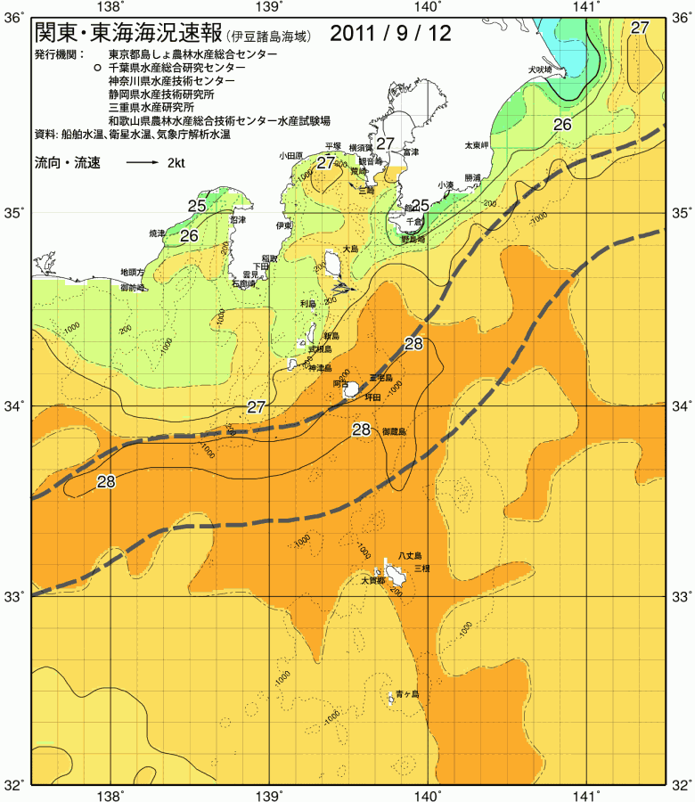 海況図, 関東・東海海況速報/伊豆諸島海域 検索結果, (黒潮, 水温分布, 冷水域, 暖水波及 等を図示)