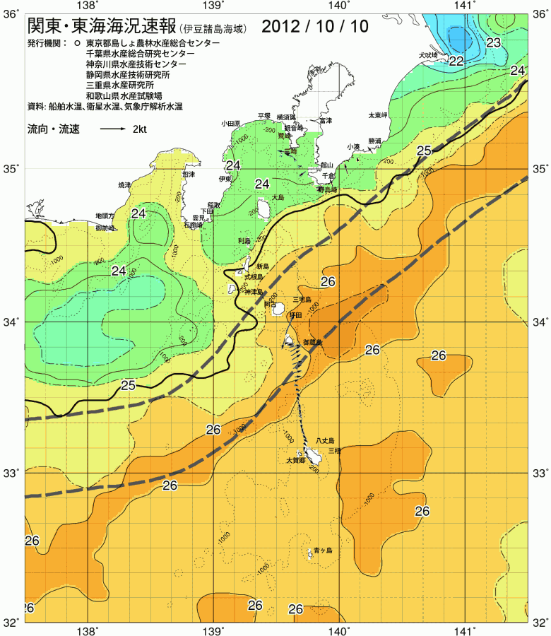 海況図, 関東・東海海況速報/伊豆諸島海域 検索結果, (黒潮, 水温分布, 冷水域, 暖水波及 等を図示)